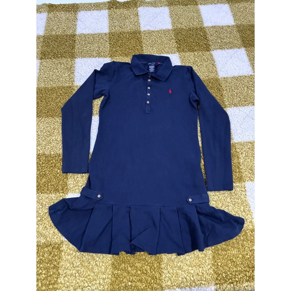 Ralph Lauren Girls Navy Blue Long Sleeve Pleated Polo Dress XL 16 Red Pony Logo